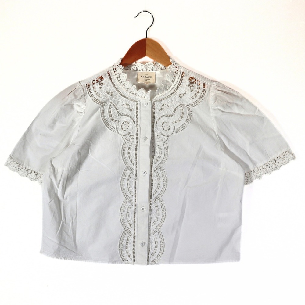 Sezane Womens 38 White Lace Embroidered Organic Cotton Blouse French Chic US 6